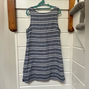 Sleeveless blue & white striped dress